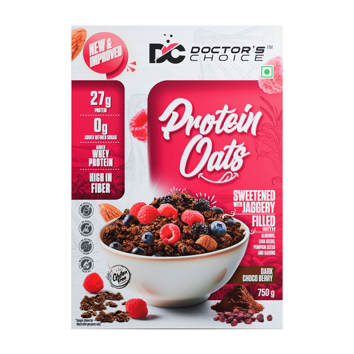 Doctors Choice High Protein Oats 750g | 27g Protein Oatmeal | Dark Choco Berry Flavor | No Added Sugar | Gluten Free | High Fiber Healthy Breakfast Oats