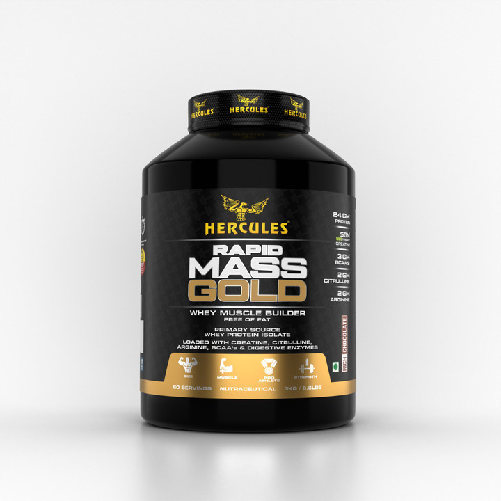 Hercules Rapid Mass Gold Whey Isolate Mass Gainer Free of Fat, Zero Added Sugar With Added Creatine Creapure