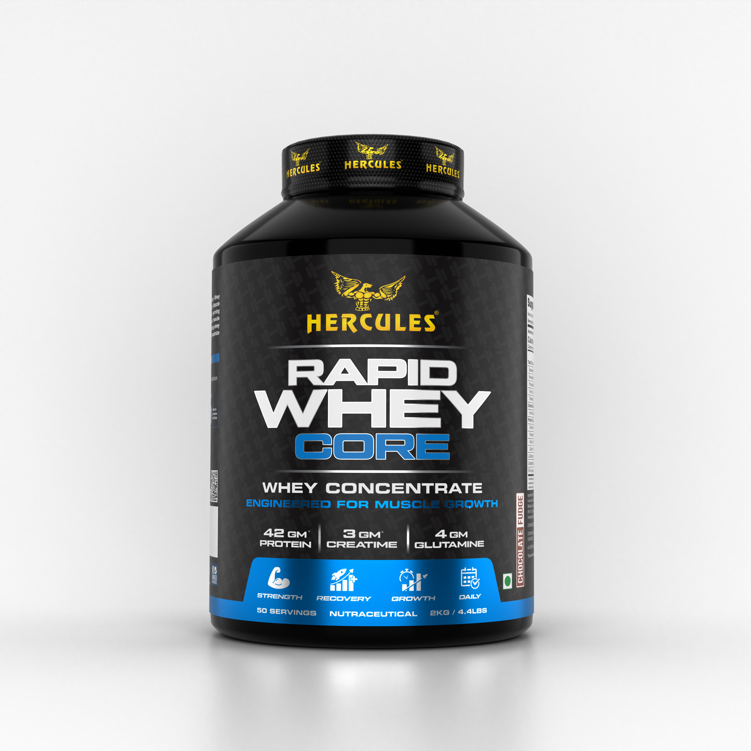 Hercules Rapid Whey Core, Low Carbs Protein, Zero Added Sugar, Nil Cholesterol, Source of Whey Concentrate.