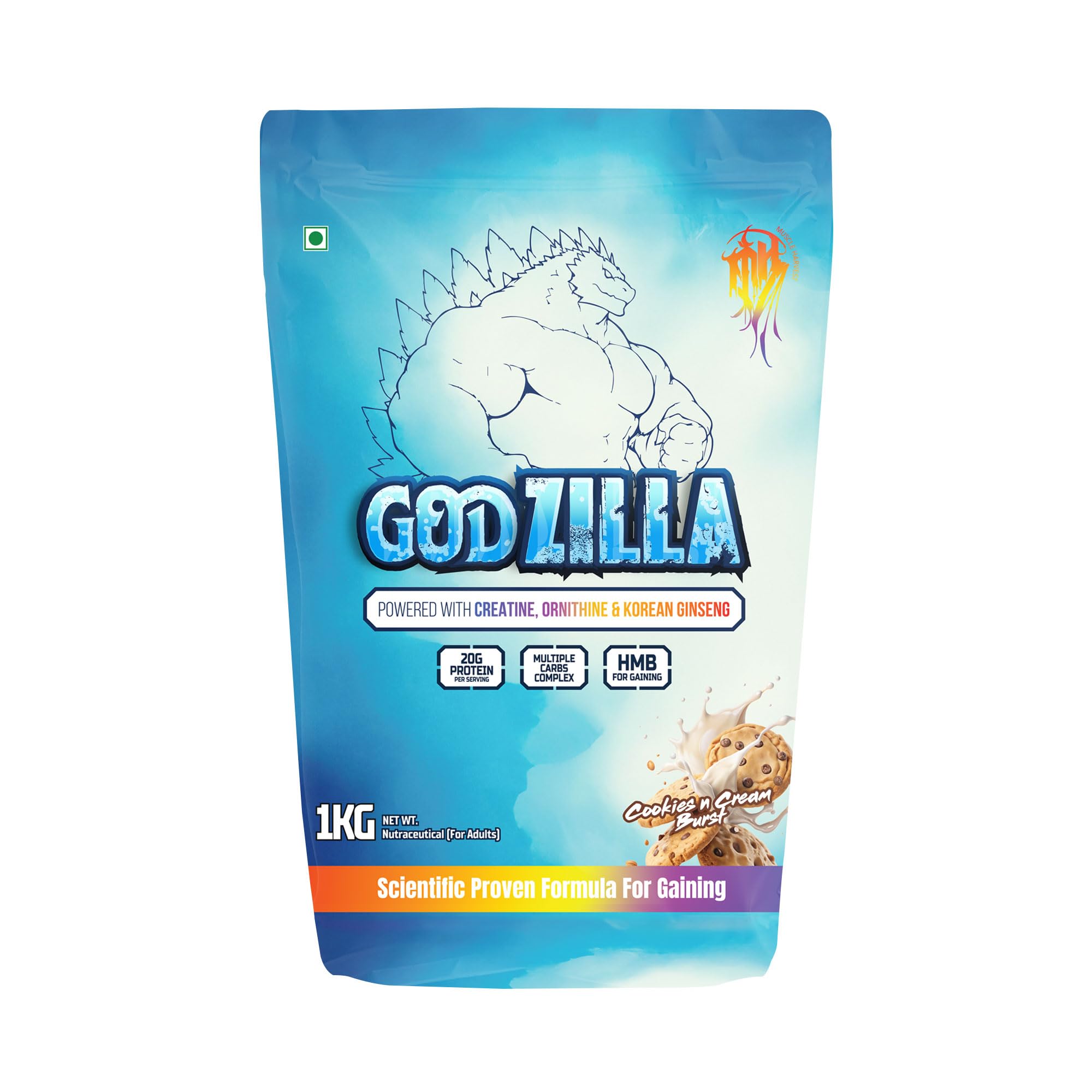 Godzilla Mass Gainer 1kg | High Protein with Creatine & BCAAs | Muscle Growth, Strength & Recovery