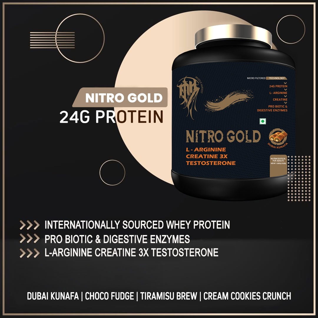 Nitro Gold Whey Protein Powder with Creatine & L-Arginine | 24g Protein | 3g Creatine | BC30 Probiotic